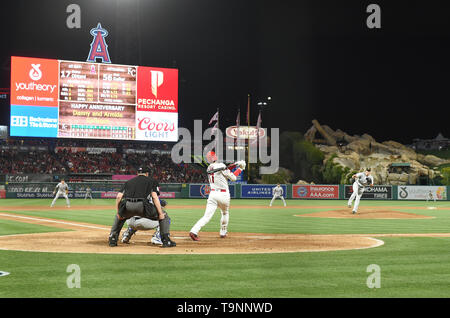 Kansas City Royals starting pitcher Brad Keller gives up a single to Los Angeles Angels designated hitter Shohei Ohtani in the fifth inning during the Major League Baseball game at Angel Stadium in Anaheim, California, United States, May 17, 2019. (Photo by AFLO) Stock Photo
