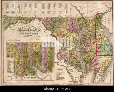 Map of Delaware and Maryland, circa 1844 Stock Photo