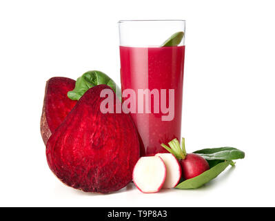 Glass of healthy juice with ingredients on white background Stock Photo