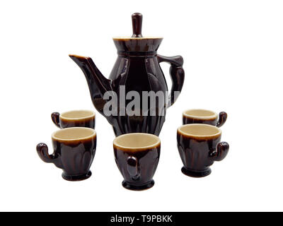 Set of coffee utensils. Coffee jug and cups. Isolated on white background. Stock Photo