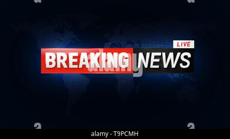 Breaking news live banner on dotted map of the world background. Stock Vector