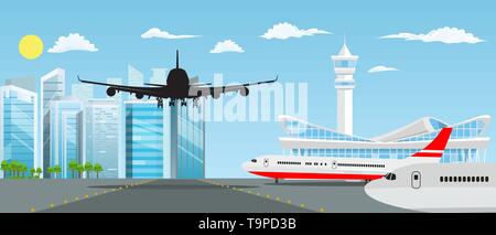 Airport building and planes with nice cityscape in background. Vector illustration. Stock Vector