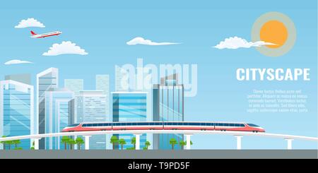 Cool cityscape illustration with long and big bridge and express train on it. Vector illustration. Stock Vector