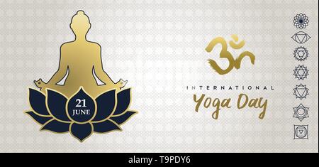 Yoga Day greeting card illustration of gold human silhouette in lotus pose with flower and chakra icons. Stock Vector
