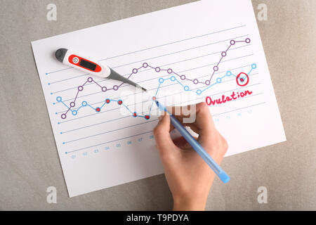 Woman with ovulation calendar at table Stock Photo