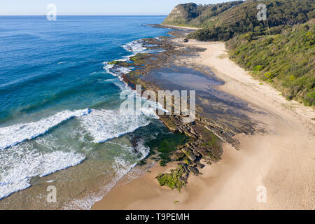 Aerial view of the southern end of Dudley Beach - Newcastle NSW Australia. Surrounded by bushland this beach is a few km south od Newcastle - NSW Aust Stock Photo