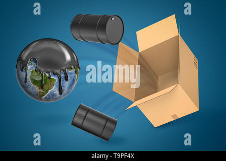 3d rendering of earth globe covered with oil and black oil barrels flying out of cardboard box on blue background Stock Photo