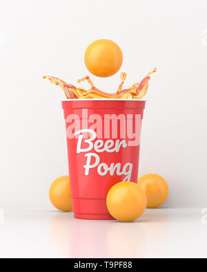 Beer splashing out of a red 16oz 455ml american plastic beer pong party cup on a white table surrounded by yellow balls against a white wall. 3d rende Stock Photo