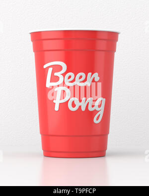 Red 16oz 455ml american plastic beer pong party cup on a white table against a white wall. 3d render. Front view. Conceptual Scenes Series. Stock Photo