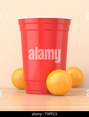 Red 16oz 455ml american plastic party cup on a wooden table surrounded by yellow balls against a cream wall. 3d render. Front view. Conceptual Scenes  Stock Photo
