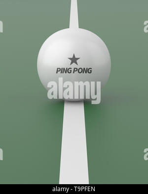 White ping pong ball on a green ping pong table. 3d render. Angled view. Conceptual Scenes Series. Stock Photo