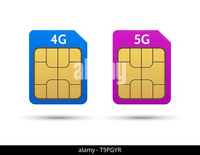 Sim cards 4g and 5g. Cellular communication chip, vector mobile 4g card and cellphone 5g hotspot simcard isolated on white background Stock Vector