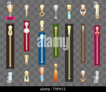 Zippers and pulls. Zipper with pulling details vector illustration, zips for textile or fabric, pants and accessory, clasp objects Stock Vector