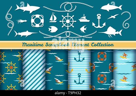 Boys nautical scrapbook elements. Fish and boat icons, sea patterns and marine scrapbook ornaments sailor baby boy items vector illustration Stock Vector
