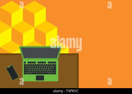 Upper view office working place laptop lying wooden desk smartphone side Business Empty template for Layout for invitation greeting card promotion pos Stock Vector