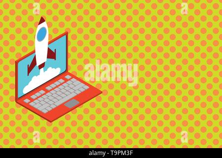 Rocket launching clouds laptop background. Startup project growing. SEO Business concept Empty template copy space isolated Posters coupons promotiona Stock Vector
