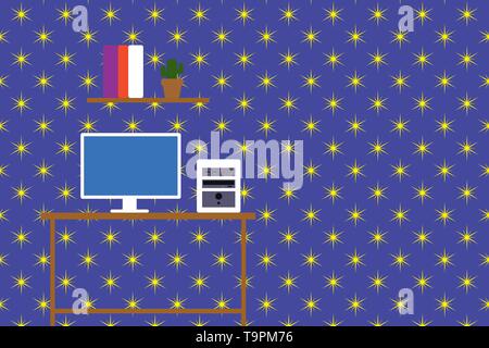 Desktop computer wooden table background shelf books flower pot ornaments Design business concept Empty template copy space text for Ad website isolat Stock Vector