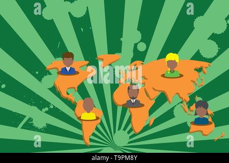 Connection multiethnic persons all over world. Global business earth map Design business Empty copy space text for Ad website promotion isolated Banne Stock Vector
