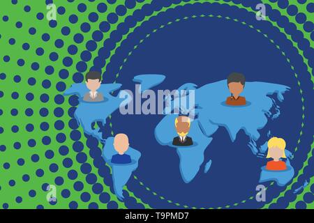Connection multiethnic persons all over world. Global business earth map Design business concept Empty template copy space text for Ad website isolate Stock Vector