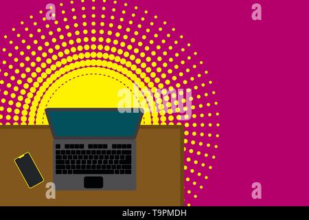Upper view office working place laptop lying wooden desk smartphone side Design business Empty template isolated Minimalist graphic layout template fo Stock Vector