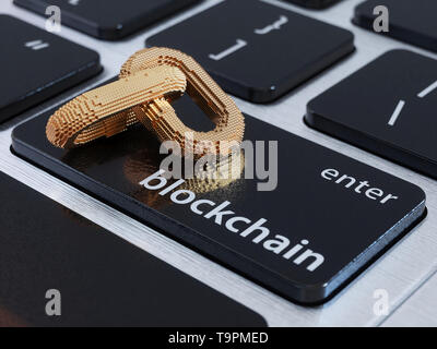 Blockchain digital chain with blocks connection shape. Big data box node base concept. New technology concept. Blockchain chain icon on computer lapto Stock Photo