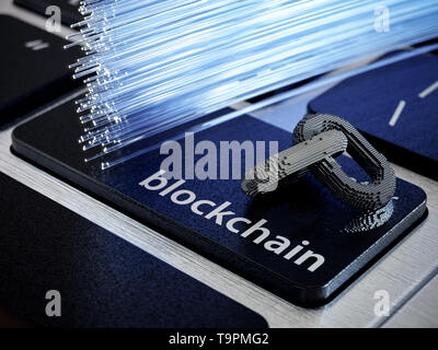 Blockchain digital chain with blocks connection shape. Big data box node base concept. New technology concept. Blockchain chain icon on computer lapto Stock Photo