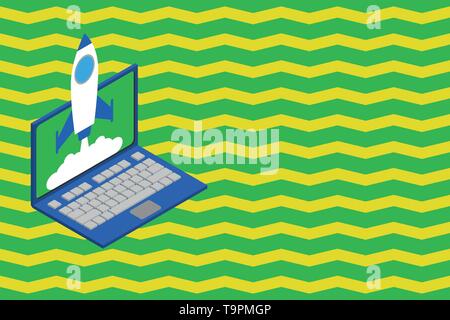Rocket launching clouds laptop background. Startup project growing. SEO Design business concept Empty template copy space text for Ad website isolated Stock Vector