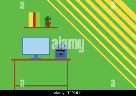Desktop computer wooden table background shelf books flower pot ornaments Copy Space design Empty template text for Ad, promotion, poster, flyer, web  Stock Vector