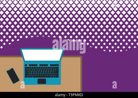 Upper view office working place laptop lying wooden desk smartphone side Design business concept Empty copy space modern abstract background Stock Vector