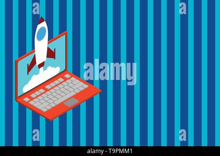 Rocket launching clouds laptop background. Startup project growing. SEO Design business Empty copy space text for Ad website promotion isolated Banner Stock Vector
