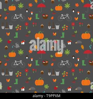 vector seamless pattern with autumn flat icons on the grey background Stock Vector