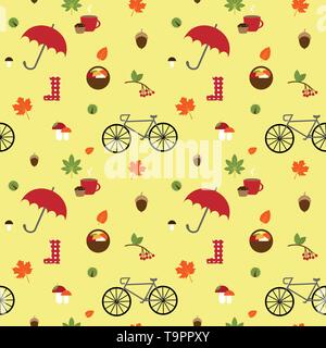 vector seamless pattern with autumn flat icons on the light yellow background Stock Vector