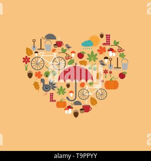 autumn flat icons arrange in the form of heart, vector for design Stock Vector