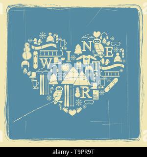 abstract heart symbol of winter flat icons with vintage effect vector for design Stock Vector