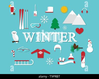 abstractr illustration with word 'winter' and winter icons around vector card template Stock Vector