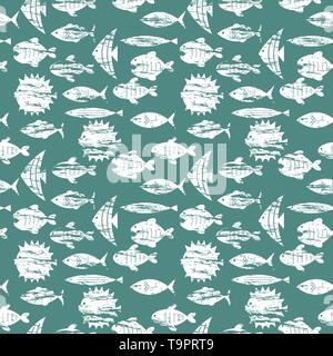 seamless pattern with fish silhouettes and editable retro effect vector background Stock Vector