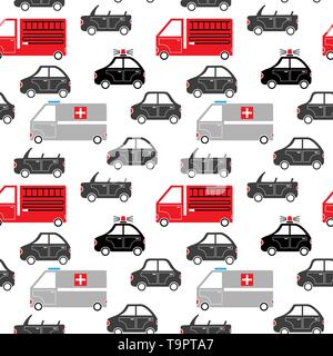 seamless pattern of cartoon emergency service and city car silhouettes vector background Stock Vector