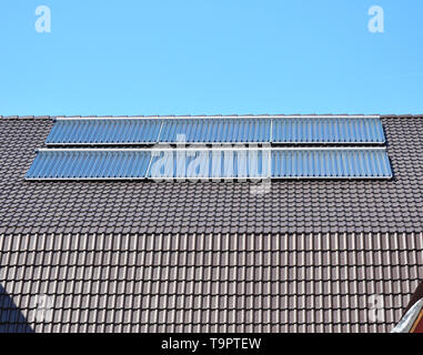 Close up on Solar panels. Solar Water Panels Heating. Stock Photo