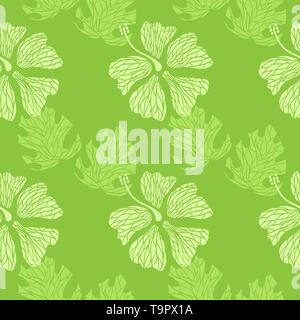 seamless pattern with hand drawn hibiscus flowers and leaves on the lime background vector Stock Vector