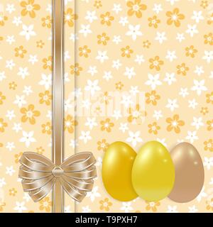 easter card template with golden eggs and bow on the seamless floral background vector Stock Vector