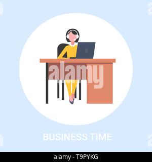 female customer support operator sitting at workplace desk woman with headset call center assistant business time concept full length flat Stock Vector