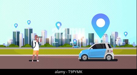 african american man looking through binoculars searching automobile vehicle rent car sharing concept transportation carsharing service modern Stock Vector