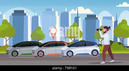 casual man looking through binoculars searching automobile with location pin rent car sharing concept transportation carsharing service modern Stock Vector