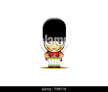 Soldier drummer, member of army military band with musical instrument. Vector Illustration on a white background Stock Vector