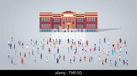 people group in front of school building different occupation employees mix race workers crowd education concept horizontal full length flat Stock Vector