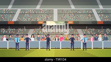 mix race police officers group controlling fans crowd on sport stadium arena at football match championship safety support concept flat horizontal Stock Vector