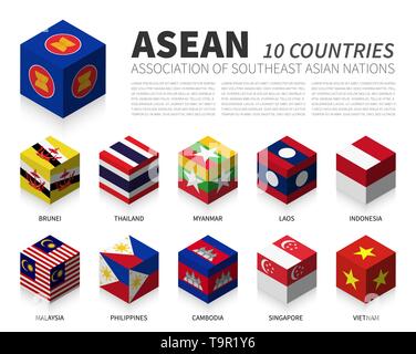 ASEAN and membership flag on 3D map Southeast asia perspective view and ...