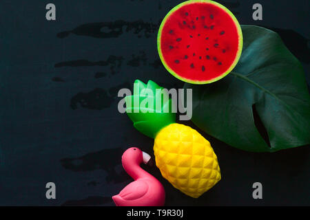 top view monstera green leaf ,flamingo ,pineapple and watermelon squishy toy on blackboard copy space Stock Photo