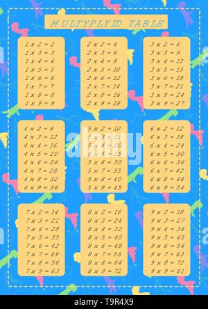 Dinosaur pattern and multiplication table. Columns on a blue background with silhouettes of dino. Print cards for school education or study at home. V Stock Vector