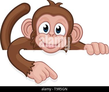 Monkey Cartoon Character Animal Pointing At Sign Stock Vector